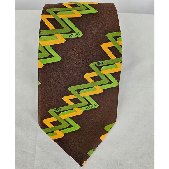 MACY'S x BARRY ZITO NECK TIE – 4" BROWN WITH GREEN AND YELLOW ZIG ZAG DESIGN - Picture 2 of 8